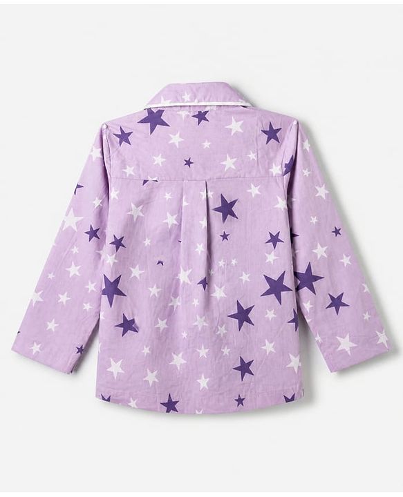 Babyhug Cotton Woven Full Sleeves Front Open Co-ord Shirt & Pyjama Night Suit with Stars Print - Lavender