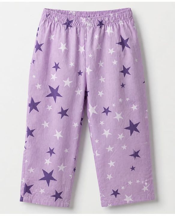 Babyhug Cotton Woven Full Sleeves Front Open Co-ord Shirt & Pyjama Night Suit with Stars Print - Lavender