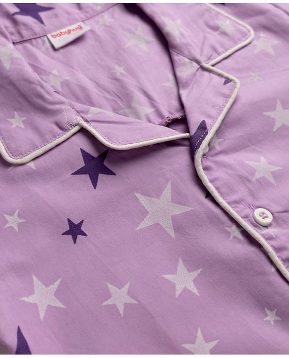 Babyhug Cotton Woven Full Sleeves Front Open Co-ord Shirt & Pyjama Night Suit with Stars Print - Lavender