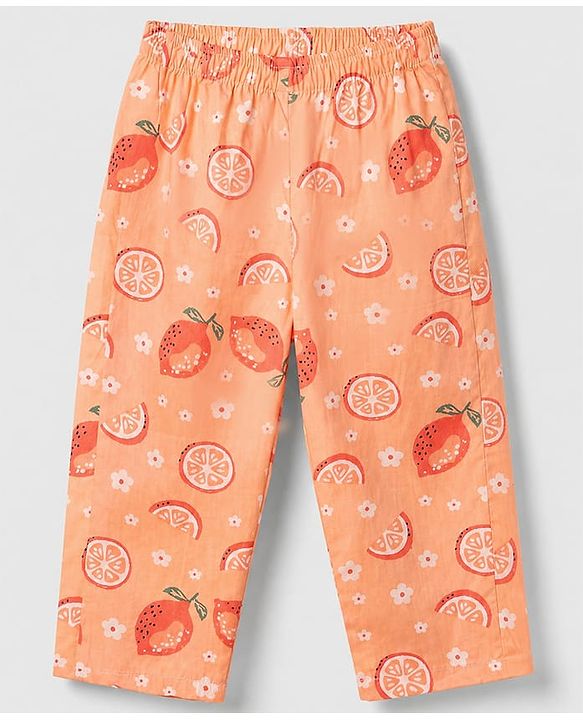 Babyhug Cotton Full Sleeves Front Open Woven Co-ord Shirt & Pajama Night Suit with Floral & Orange Print - Peach