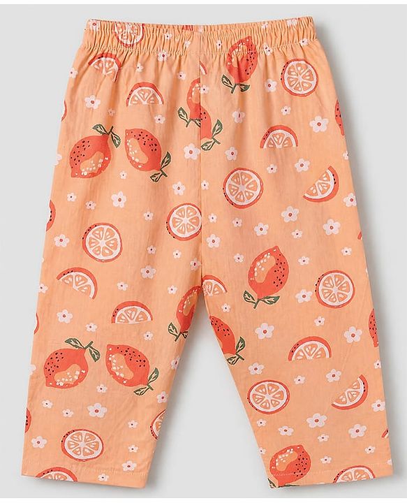 Babyhug Cotton Full Sleeves Front Open Woven Co-ord Shirt & Pajama Night Suit with Floral & Orange Print - Peach