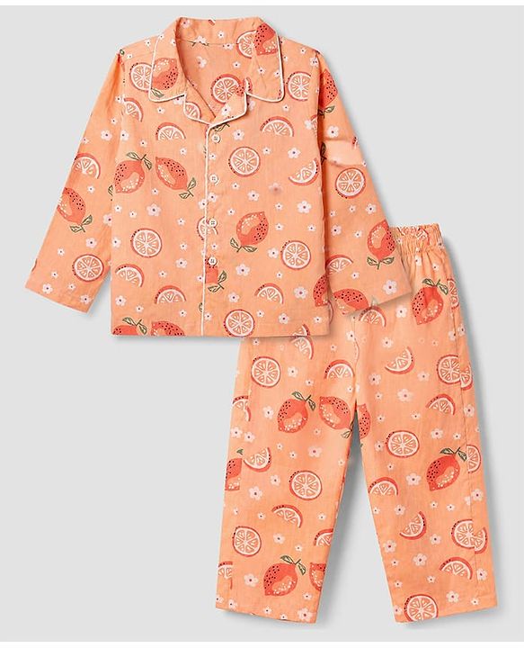 Babyhug Cotton Full Sleeves Front Open Woven Co-ord Shirt & Pajama Night Suit with Floral & Orange Print - Peach