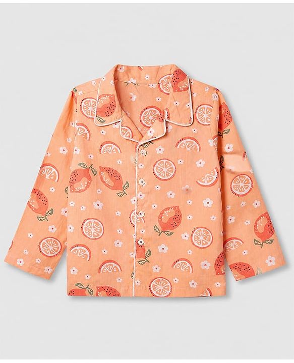Babyhug Cotton Full Sleeves Front Open Woven Co-ord Shirt & Pajama Night Suit with Floral & Orange Print - Peach
