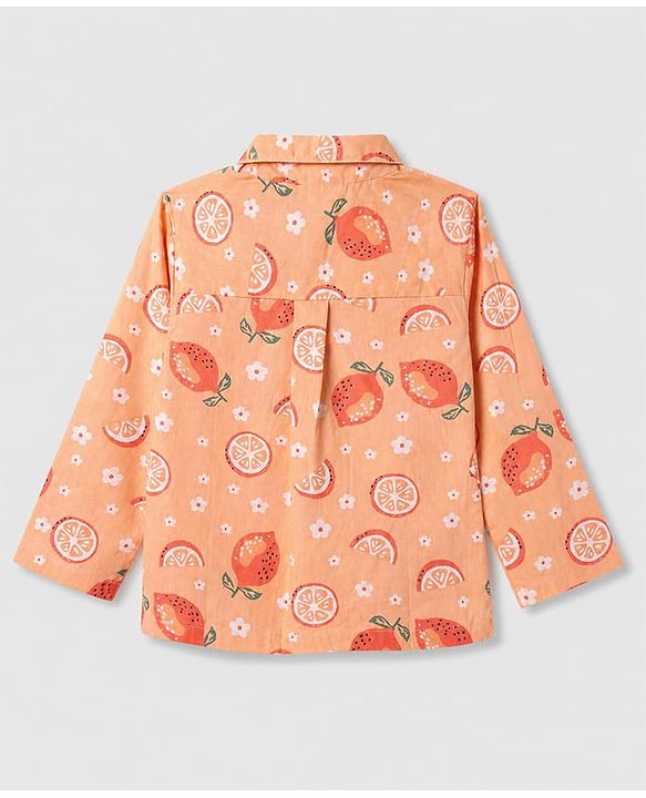 Babyhug Cotton Full Sleeves Front Open Woven Co-ord Shirt & Pajama Night Suit with Floral & Orange Print - Peach