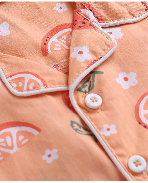Babyhug Cotton Full Sleeves Front Open Woven Co-ord Shirt & Pajama Night Suit with Floral & Orange Print - Peach