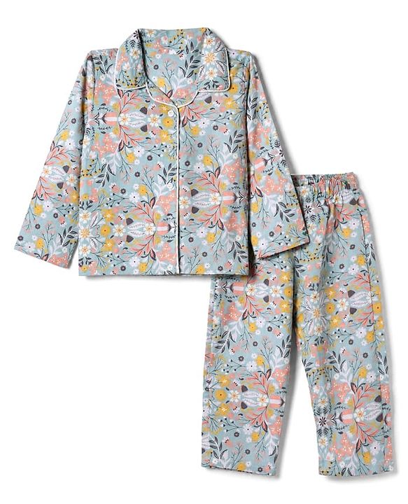 Babyhug Cotton Knit Full Sleeves Front Open Co -ord Shirt & Pyjama Night Suit with Floral Print Blue