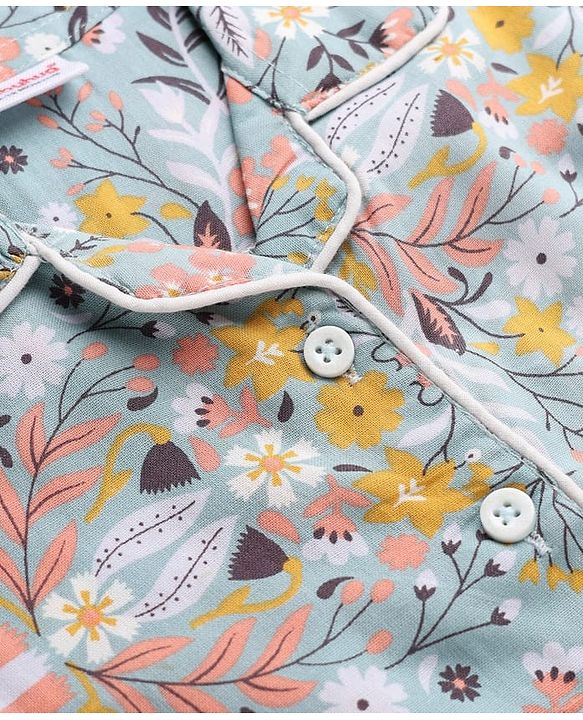 Babyhug Cotton Knit Full Sleeves Front Open Co -ord Shirt & Pyjama Night Suit with Floral Print Blue