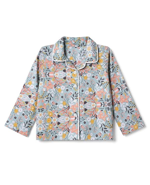 Babyhug Cotton Knit Full Sleeves Front Open Co -ord Shirt & Pyjama Night Suit with Floral Print Blue