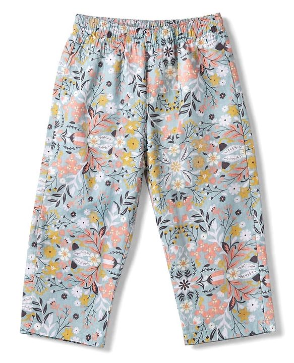 Babyhug Cotton Knit Full Sleeves Front Open Co -ord Shirt & Pyjama Night Suit with Floral Print Blue