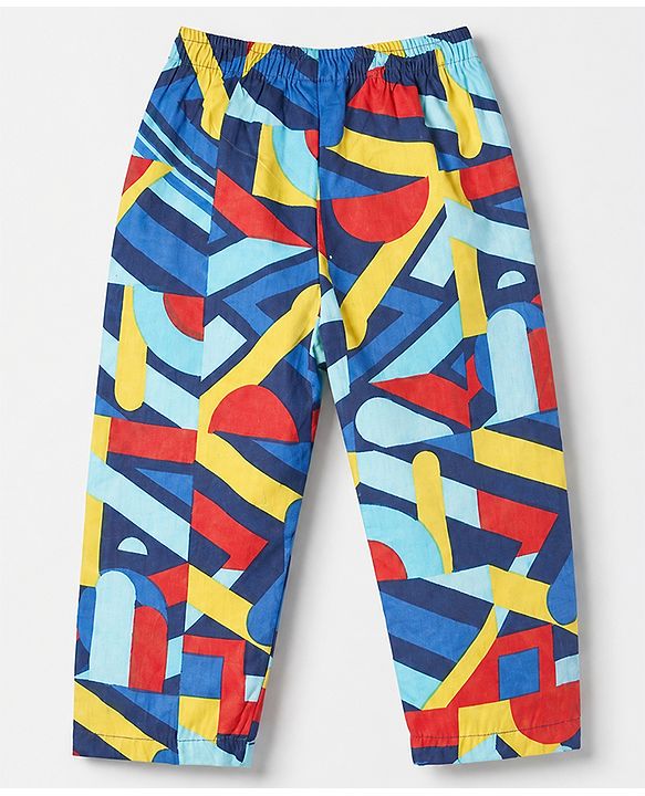 Babyhug 100% Cotton Knit Full Sleeves Co-Ords Shirt & Pyjama Night Suit with Abstract Print - Blue