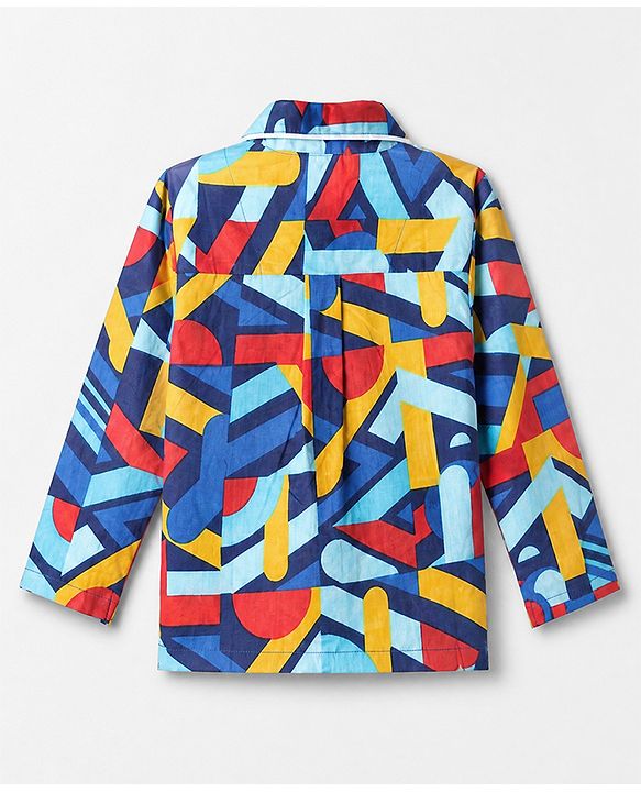 Babyhug 100% Cotton Knit Full Sleeves Co-Ords Shirt & Pyjama Night Suit with Abstract Print - Blue
