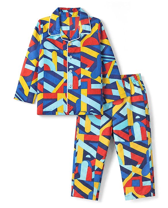 Babyhug 100% Cotton Knit Full Sleeves Co-Ords Shirt & Pyjama Night Suit with Abstract Print - Blue
