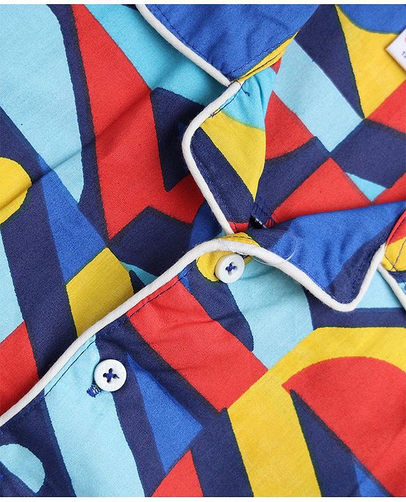 Babyhug 100% Cotton Knit Full Sleeves Co-Ords Shirt & Pyjama Night Suit with Abstract Print - Blue