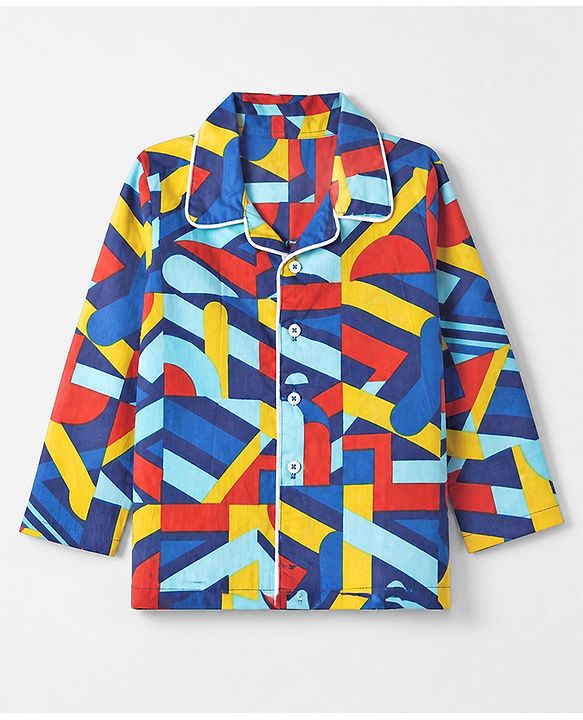Babyhug 100% Cotton Knit Full Sleeves Co-Ords Shirt & Pyjama Night Suit with Abstract Print - Blue