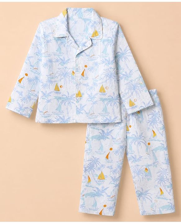 Babyhug Cotton Knit Woven Front Open Full Sleeves Pyjama Cords-Set With Beach Theme Print - White