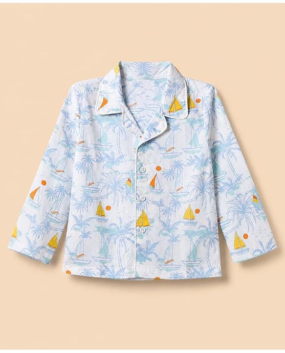 Babyhug Cotton Knit Woven Front Open Full Sleeves Pyjama Cords-Set With Beach Theme Print - White