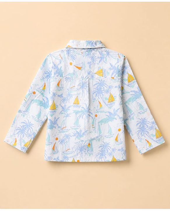 Babyhug Cotton Knit Woven Front Open Full Sleeves Pyjama Cords-Set With Beach Theme Print - White