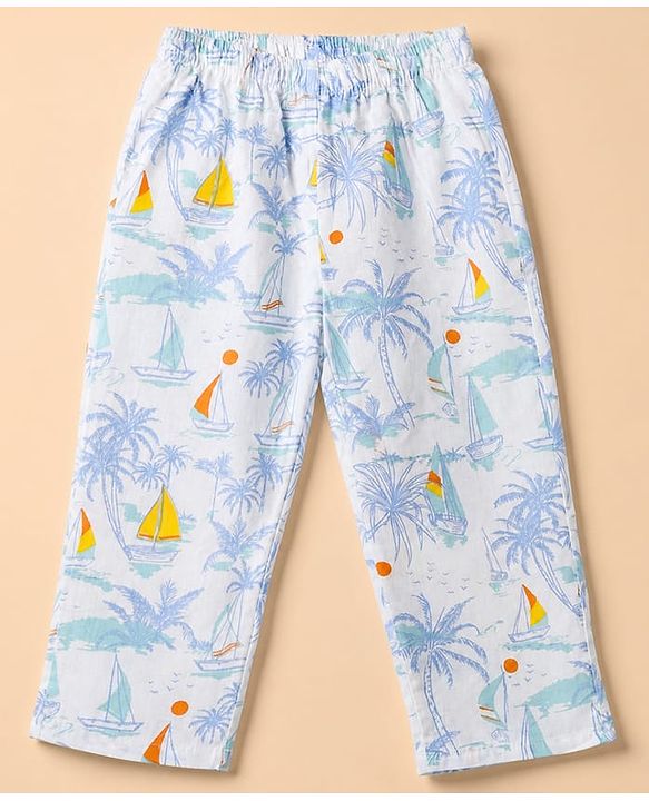 Babyhug Cotton Knit Woven Front Open Full Sleeves Pyjama Cords-Set With Beach Theme Print - White
