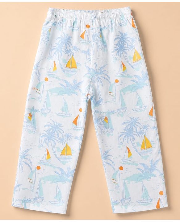 Babyhug Cotton Knit Woven Front Open Full Sleeves Pyjama Cords-Set With Beach Theme Print - White