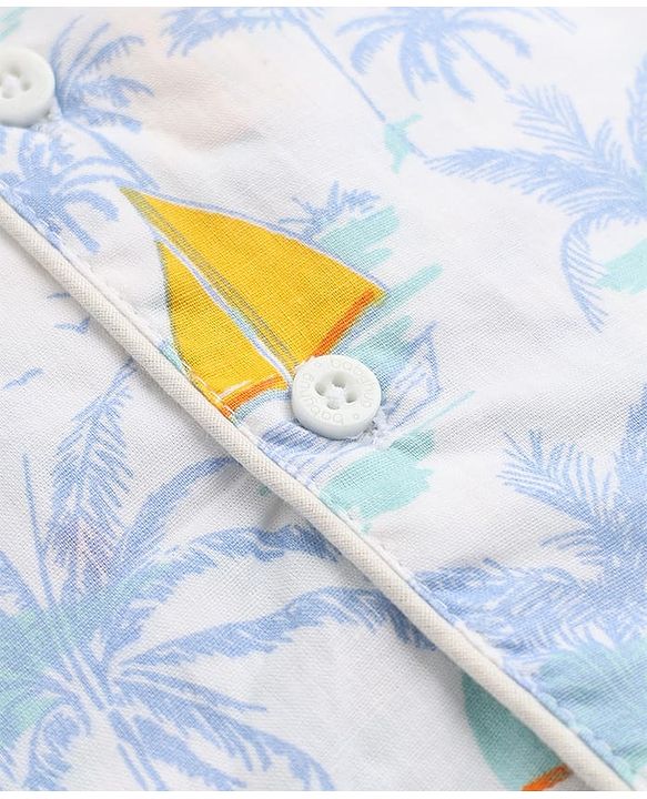 Babyhug Cotton Knit Woven Front Open Full Sleeves Pyjama Cords-Set With Beach Theme Print - White