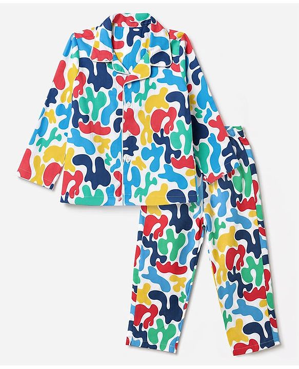 Babyhug 100% Cotton Knit Full Sleeves Co-Ords Shirt & Pyjama Night Suit with Abstract Print - Yellow