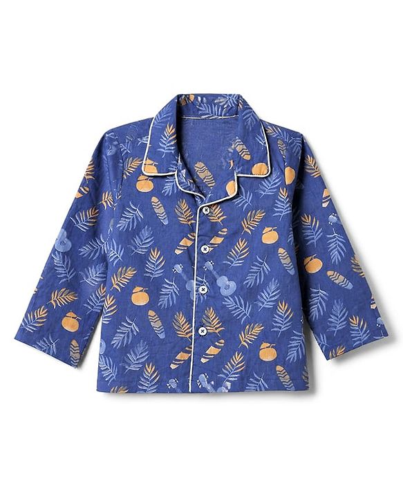 Babyhug Velour Knit Full Sleeves Front Open Woven Shirt & Pajama Night Suit with Leaf Guitar & Beach Theme Print - Navy Blue