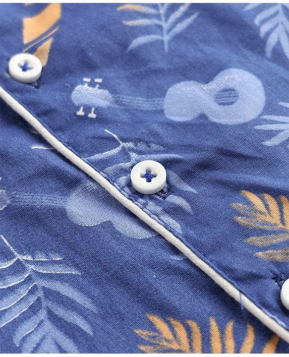 Babyhug Velour Knit Full Sleeves Front Open Woven Shirt & Pajama Night Suit with Leaf Guitar & Beach Theme Print - Navy Blue