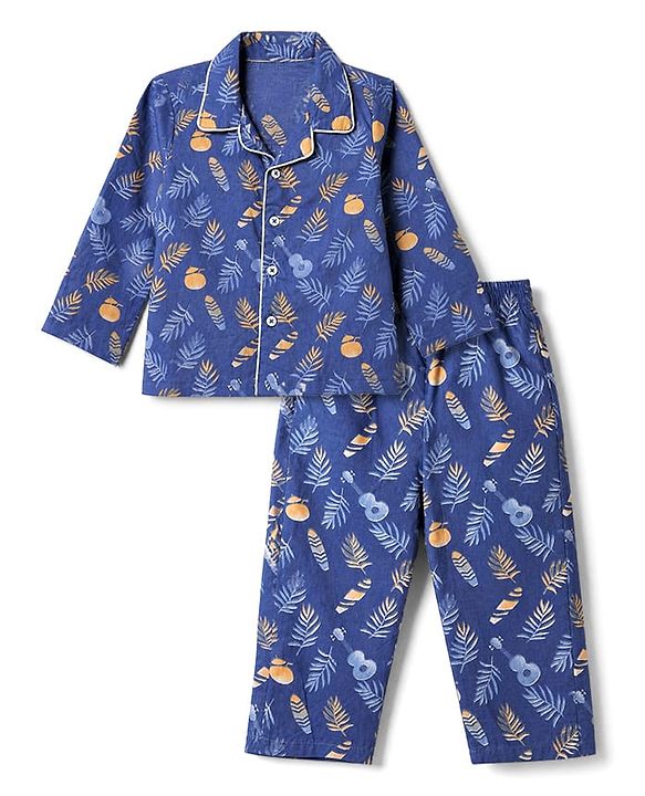 Babyhug Velour Knit Full Sleeves Front Open Woven Shirt & Pajama Night Suit with Leaf Guitar & Beach Theme Print - Navy Blue