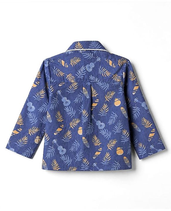 Babyhug Velour Knit Full Sleeves Front Open Woven Shirt & Pajama Night Suit with Leaf Guitar & Beach Theme Print - Navy Blue