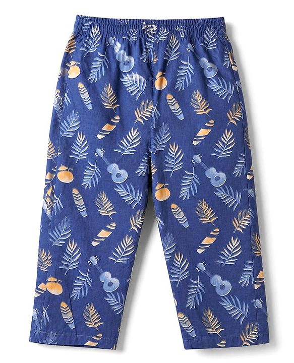 Babyhug Velour Knit Full Sleeves Front Open Woven Shirt & Pajama Night Suit with Leaf Guitar & Beach Theme Print - Navy Blue
