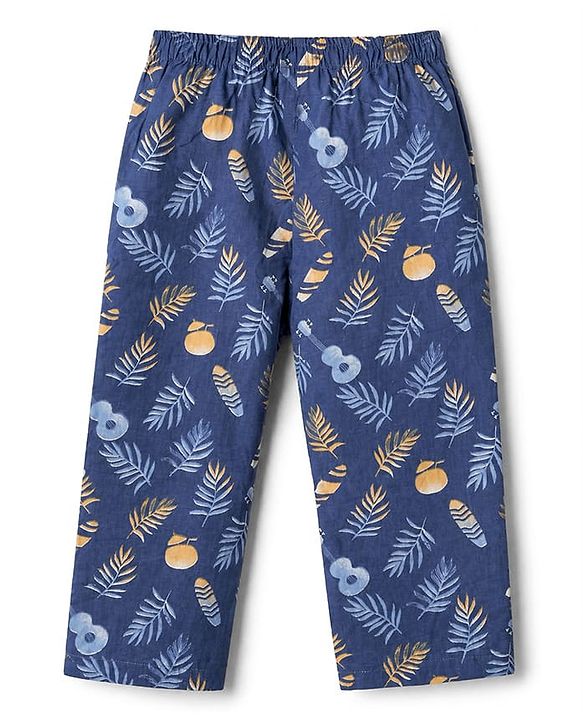 Babyhug Velour Knit Full Sleeves Front Open Woven Shirt & Pajama Night Suit with Leaf Guitar & Beach Theme Print - Navy Blue