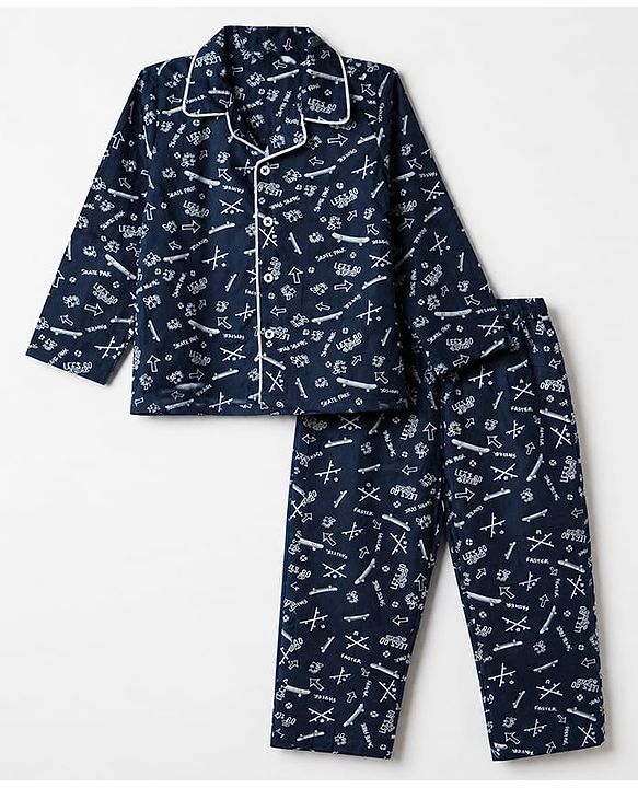 Babyhug Cotton Knit Woven Front Open Full Sleeves Pyjama Cords-Set With Text Print - Navy Blue