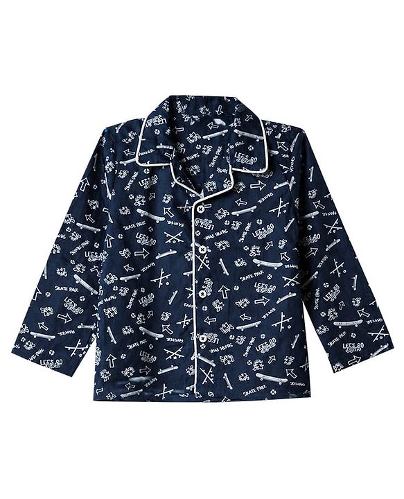 Babyhug Cotton Knit Woven Front Open Full Sleeves Pyjama Cords-Set With Text Print - Navy Blue