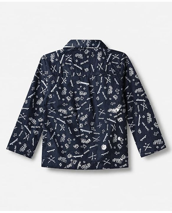 Babyhug Cotton Knit Woven Front Open Full Sleeves Pyjama Cords-Set With Text Print - Navy Blue