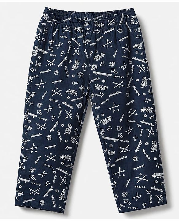 Babyhug Cotton Knit Woven Front Open Full Sleeves Pyjama Cords-Set With Text Print - Navy Blue