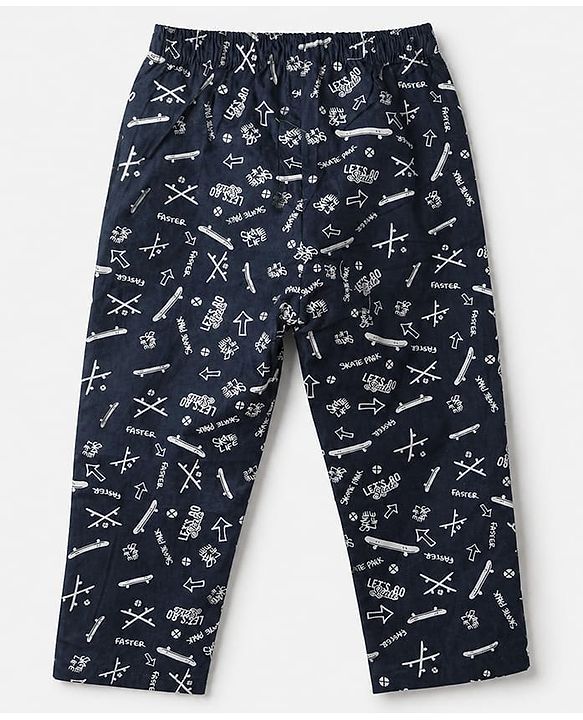 Babyhug Cotton Knit Woven Front Open Full Sleeves Pyjama Cords-Set With Text Print - Navy Blue