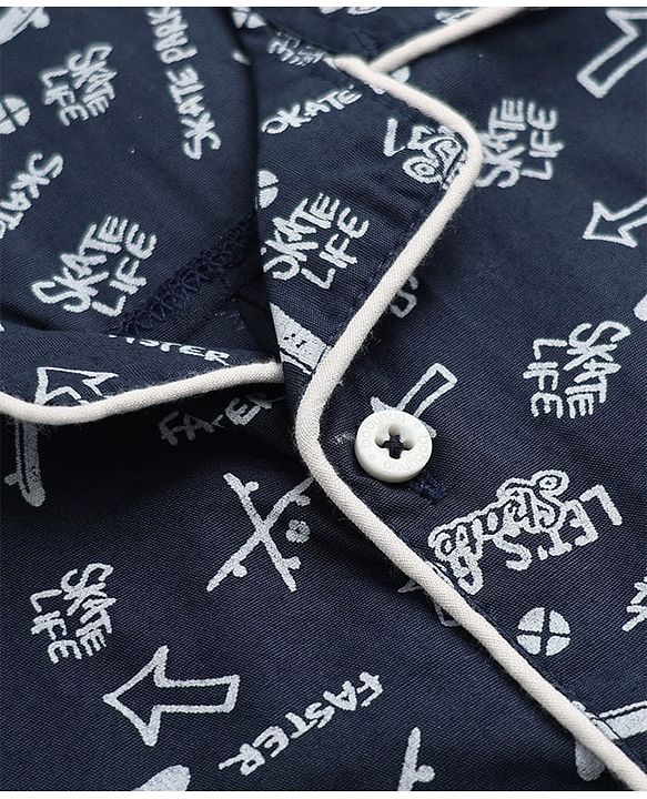 Babyhug Cotton Knit Woven Front Open Full Sleeves Pyjama Cords-Set With Text Print - Navy Blue