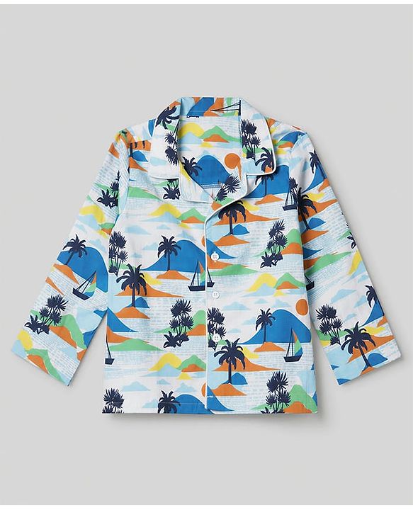 Babyhug 100% Cotton Knit Full Sleeves Co-Ords Shirt & Pyjama Night Suit with Beach Theme Print - White