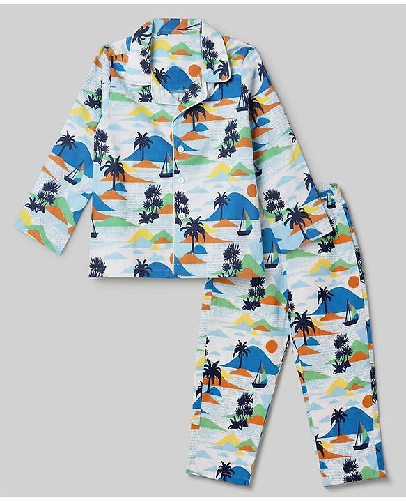Babyhug 100% Cotton Knit Full Sleeves Co-Ords Shirt & Pyjama Night Suit with Beach Theme Print - White