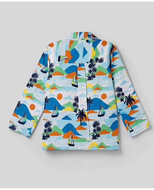 Babyhug 100% Cotton Knit Full Sleeves Co-Ords Shirt & Pyjama Night Suit with Beach Theme Print - White