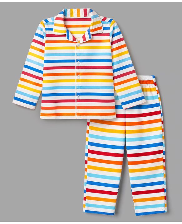 Babyhug Cotton Knit Full Sleeves Front Open Co-ord Shirt & Pyjama Night Suit With Striped in Blue & White