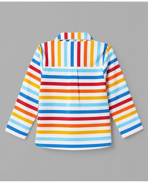 Babyhug Cotton Knit Full Sleeves Front Open Co-ord Shirt & Pyjama Night Suit With Striped in Blue & White