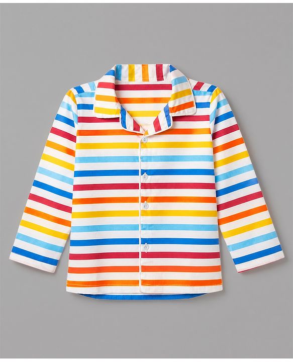 Babyhug Cotton Knit Full Sleeves Front Open Co-ord Shirt & Pyjama Night Suit With Striped in Blue & White