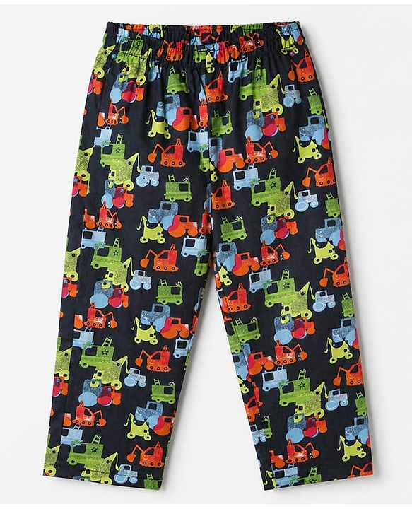 Babyhug Cotton Full Sleeves Front Open Woven Co-ord Shirt & Pajama Night Suit with Construction Vehicles Print - Navy Blue