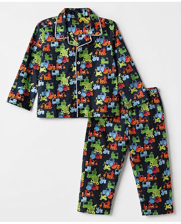 Babyhug Cotton Full Sleeves Front Open Woven Co-ord Shirt & Pajama Night Suit with Construction Vehicles Print - Navy Blue