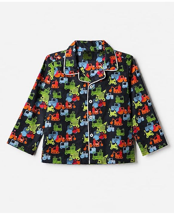 Babyhug Cotton Full Sleeves Front Open Woven Co-ord Shirt & Pajama Night Suit with Construction Vehicles Print - Navy Blue