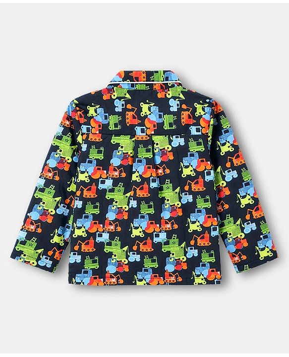 Babyhug Cotton Full Sleeves Front Open Woven Co-ord Shirt & Pajama Night Suit with Construction Vehicles Print - Navy Blue