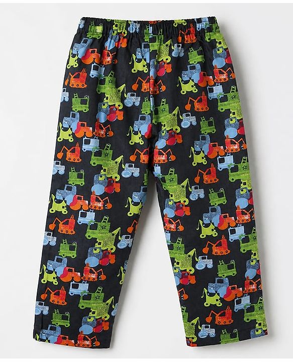 Babyhug Cotton Full Sleeves Front Open Woven Co-ord Shirt & Pajama Night Suit with Construction Vehicles Print - Navy Blue
