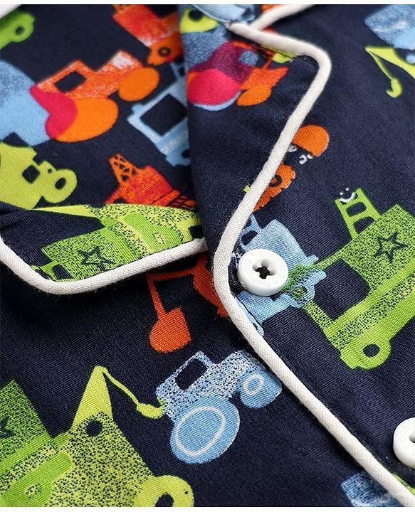Babyhug Cotton Full Sleeves Front Open Woven Co-ord Shirt & Pajama Night Suit with Construction Vehicles Print - Navy Blue
