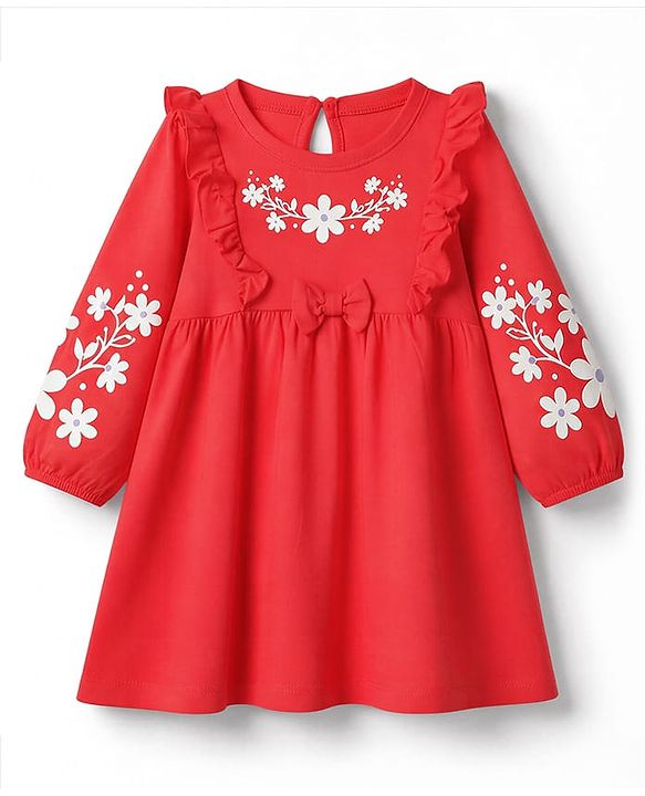 Babyhug Single Jersey Knit Full Sleeves Dress with Floral Print & Bow Applique - Red